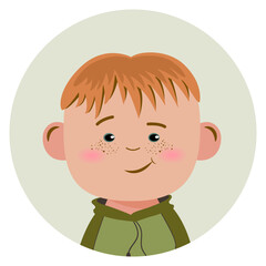 Child avatar, cute cartoon boy face in circle, smile emotion. Vector illustration isolated on white background