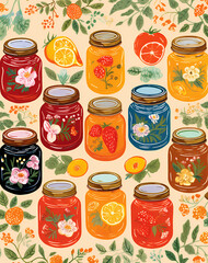 set of jars with jam fruits and vegetables