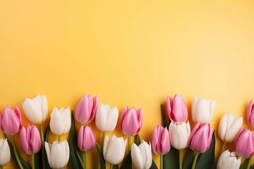 White and Pink Tulips on a Yellow Backgroundw
