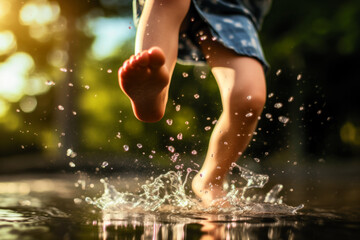 Toddler child jumping in a a puddle on sunny summer evening in city park. Child exploring nature. Fun spring activities for small kids. - obrazy, fototapety, plakaty