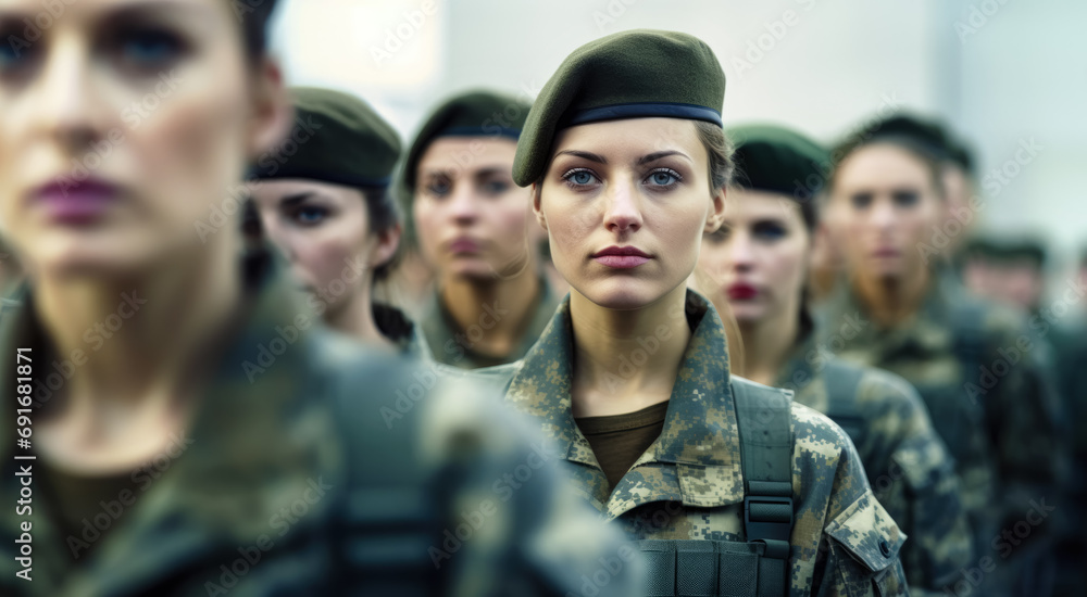 Wall mural Group of women in military digital camo uniforms standing at army ceremony or presentation. Generative AI - Wall murals