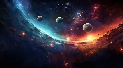 Obraz premium Beautiful space landscape with planet and nebula in the night sky wallpaper background