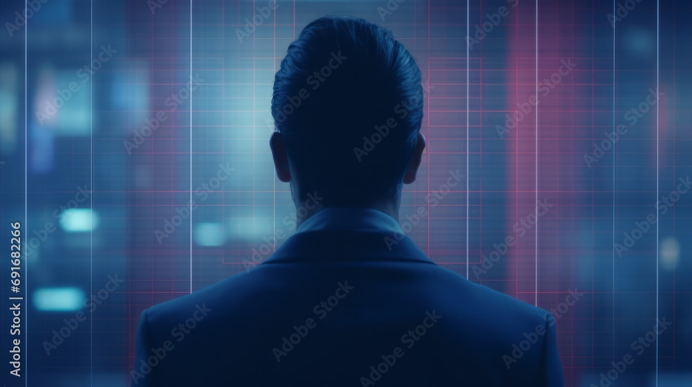 Poster a man in a suit stands focused on a computer screen.