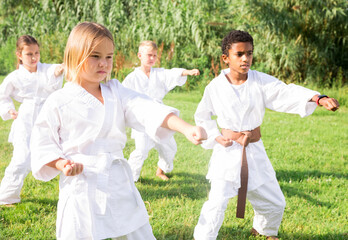 Naklejka na ściany i meble Barefoot kids doing kata during outdoor karate training.