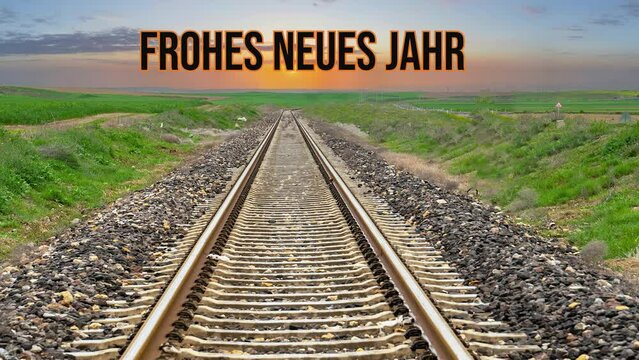 FROHES NEUES JAHR. Sunset in the background over the railway.