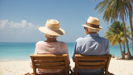 Elderly couple in sun loungers on the seashore, summer, sun, beach