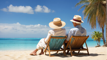 Fototapeta na wymiar Elderly couple in sun loungers on the seashore, summer, sun, beach
