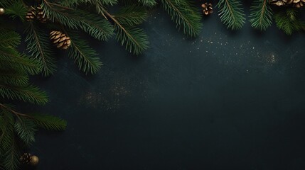 fondo de navidad verde oscuro con ramas de pino - obrazy, fototapety, plakaty