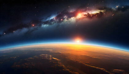 Fototapeta na wymiar Celestial Harmony - Panoramic Earth Sunrise with Milky Way