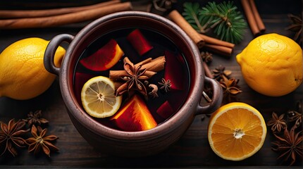 top view of a pot of mulled wine with cinnamon stick, ginger, star anise, lemon and orange, christmas 