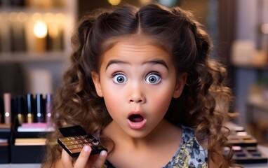 Little girl with an astonished and surprised look puts on makeup