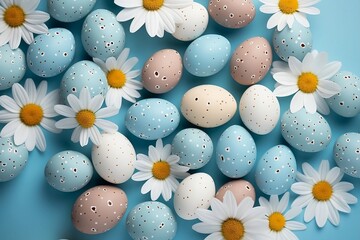 Blue, Pink, White, and Colourful Dotted Pastel Easter Eggs on a Blue Background with White Daisiesda