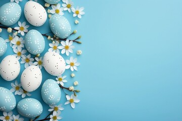 Blue, White, and Colourful Dotted Pastel Easter Eggs on a Blue Background with White Daisies and Branches