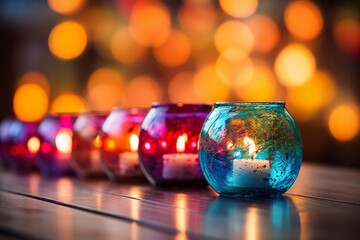 Colorful candle holders on a wooden table, with a festive bokeh background creating a warm ambiance.

