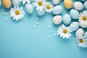 Blue, Pink, White, and Colourful Dotted Pastel Easter Eggs on a Blue Background with White Daisies