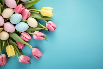Fototapeta na wymiar White, Pink and Yellow Tulips with Blue, Pink, Yellow and White Easter Eggs on a Blue Background