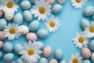 Blue, Pink, White, and Colourful Dotted Pastel Easter Eggs on a Blue Background with White Daisies
