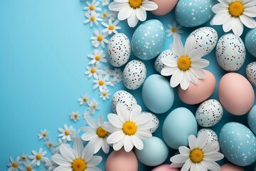 Obraz na płótnie Canvas Blue, Pink, White, and Colourful Dotted Pastel Easter Eggs on a Blue Background with White Daisies