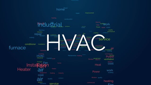 HVAC animated tag word cloud with house shape, text design animation kinetic typography seamless loop.