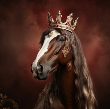 brown royal horse wearing crown. AI Generative