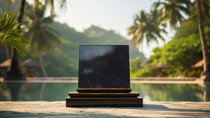 Black marble showcase product background stand or podium pedestal on dark display with luxury backdrops. 3D rendering	