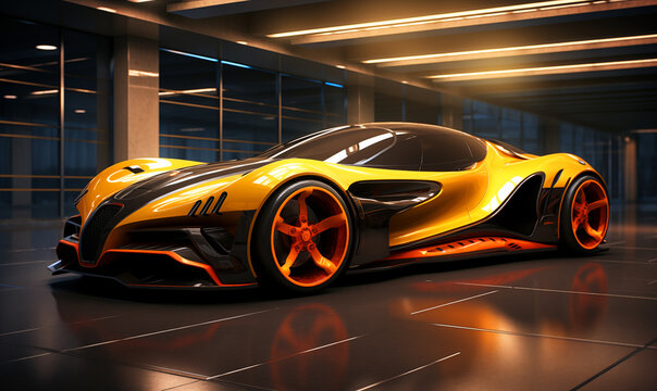 3D rendering of a brand-less generic concept car in studio environment.