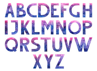 Hand drawn watercolor cosmic colored alphabet. Colorful font isolated on white background. Suitable for print, postcard, sketchbook cover, poster, stickers, your design. Space letters with stars.