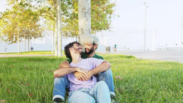 Young gay couple in love kissing while sitting and hugging on the grass of a park in the daylight. Portrait of a gay couple in love showing their love while kissing and cuddling