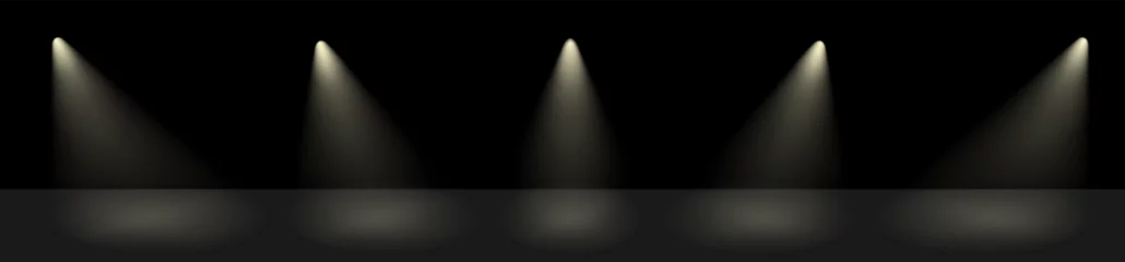 Fotobehang Theater show spotlight effect. Vector spot lightened stage background. White lamp glow in black concert studio. Night award scene. © Svetlana Ievleva