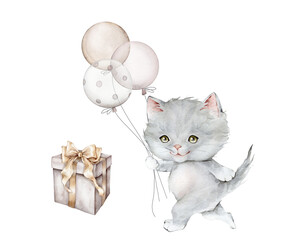 Little fluffy gray kitten and balloon. Watercolor hand drawn. Beige gift boxe with golden bows. Scottish fold isolated on white background. Spotted cat. Pet cartoon for kid. Air Balloons pastel color