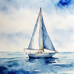 Deurstickers Watercolor sailboat on blue ocean water artwork © driftwood