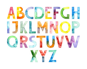 Hand drawn watercolor colored alphabet. Colorful font isolated background. Suitable for print, postcard, sketchbook cover, poster, stickers, your design.