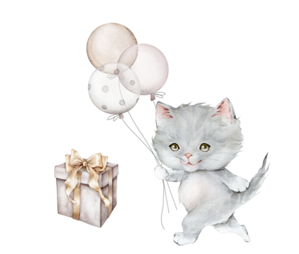 Little fluffy gray kitten and balloon. Watercolor hand drawn. Beige gift boxe with golden bows. Scottish fold isolated on white background. Spotted cat. Pet cartoon for kid. Air Balloons pastel color
