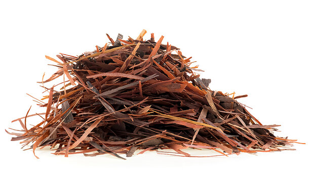 Pile of natural Taheeboo dry tea isolated on a white background. Lapacho herbal tea. Tabebuia heptophylla.