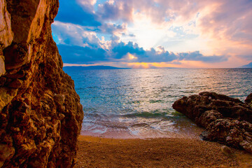 Brela resort, Makarska riviera, Dalmatia, Croatia, Europe, amazing sunset view - obrazy, fototapety, plakaty