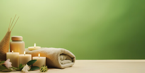 Warm spa atmosphere with towels, oil, flowers and candles as decor on light green background. An atmosphere of relaxation, tranquility and pleasure.