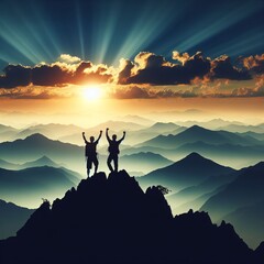 Silhouette of two hikers with arms raised celebrating success on mountain top in panoramic mountain