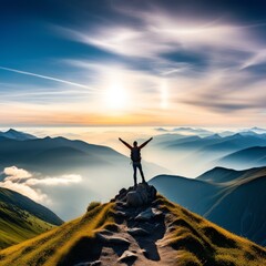 Silhouette of hiker with arms raised celebrating success on mountain top in panoramic mountain