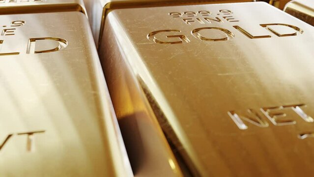 Footage with extreme close-up real ingots of the gold bars. 250g bars of the golden bricks in the safe. A safe bank deposit box with glossy golden ingots as best financial investment on stock market.