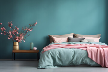 Interior de dormitorio minimalista con pared azul y cama de madera con ropa de cama rosa - obrazy, fototapety, plakaty