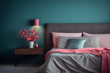 Interior de dormitorio con cojines verdes y rosados y mesa de noche de madera