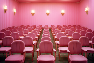 Auditorio vacío con sillas rosadas, pared rosa y bombillas de luz - obrazy, fototapety, plakaty