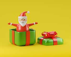 Santa Claus stand in gift box. Green gift box with red ribbon on yellow background. Merry Christmas 3d render illustration