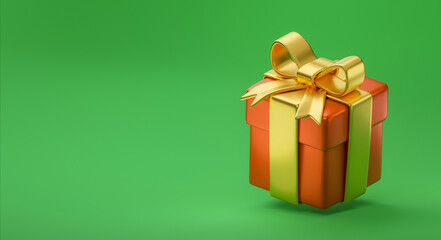 Gift box isolated on green background. Merry Christmas banner. Red box with golden ribbon float. 3d render illustration
