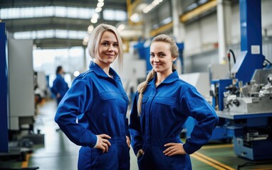Workers in factory wearing blue uniform