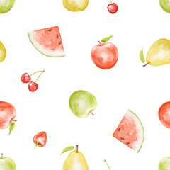 Seamless pattern with set of juicy bright cute fruits isolated on white background. Watercolor hand drawn illustration sketch