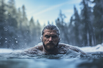  Athletic man swimming in ice-cold water outdoors