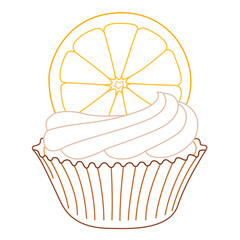 Cupcake with orange slice. Cupcake flat icon. line art.
Delicious cupcake and vector sprinkle muffin isolated on white background.