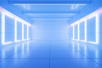Empty room with white neon lights for product presentation