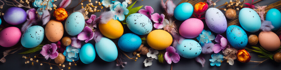 Colorful easter eggs with spring flowers on dark background. Happy Easter banner.